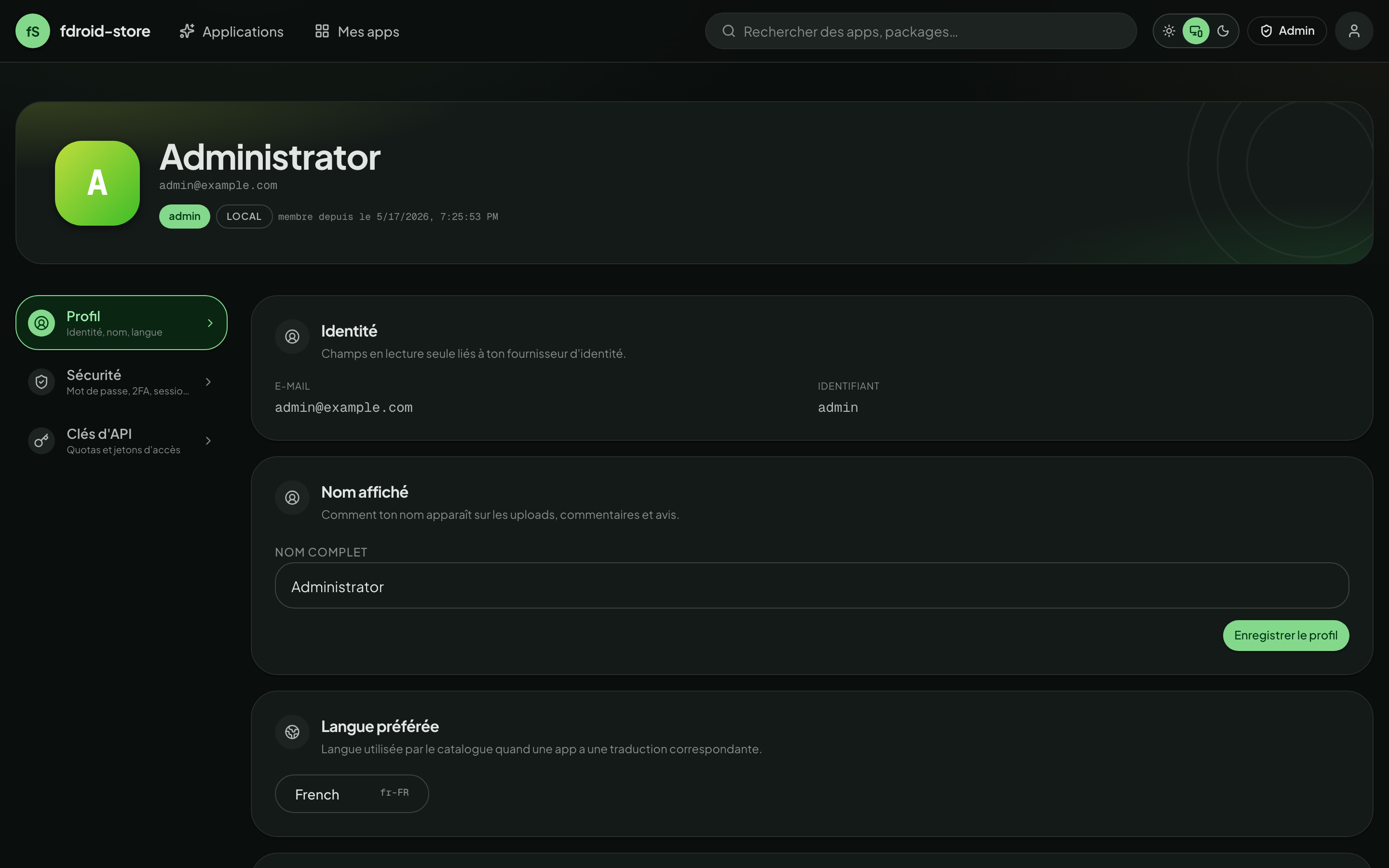 Account page — Profile / Security / API keys / Quotas tabs in the left rail