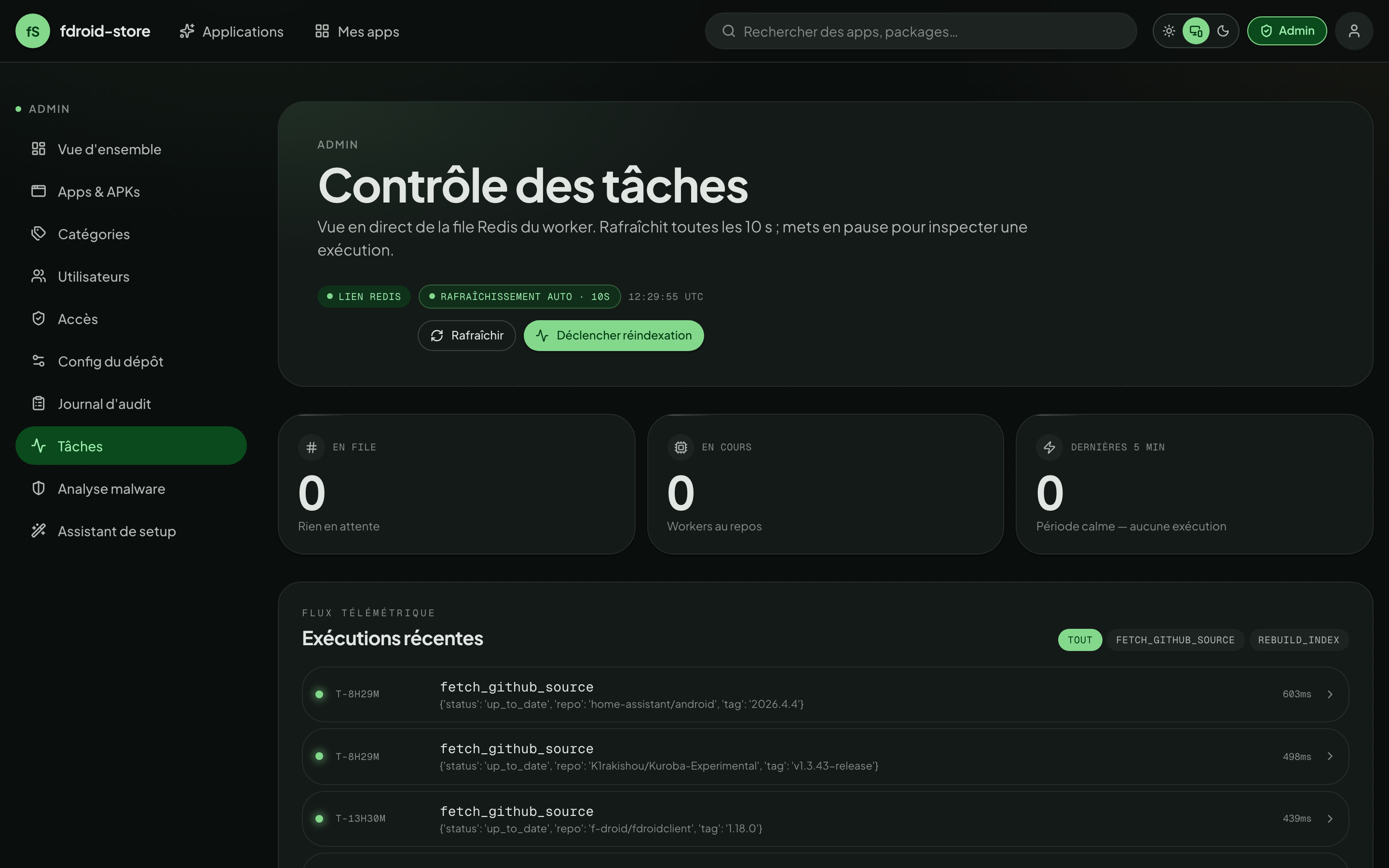 Jobs dashboard — Redis link, queued/running/last-5-min counters, recent fetch_github_source runs