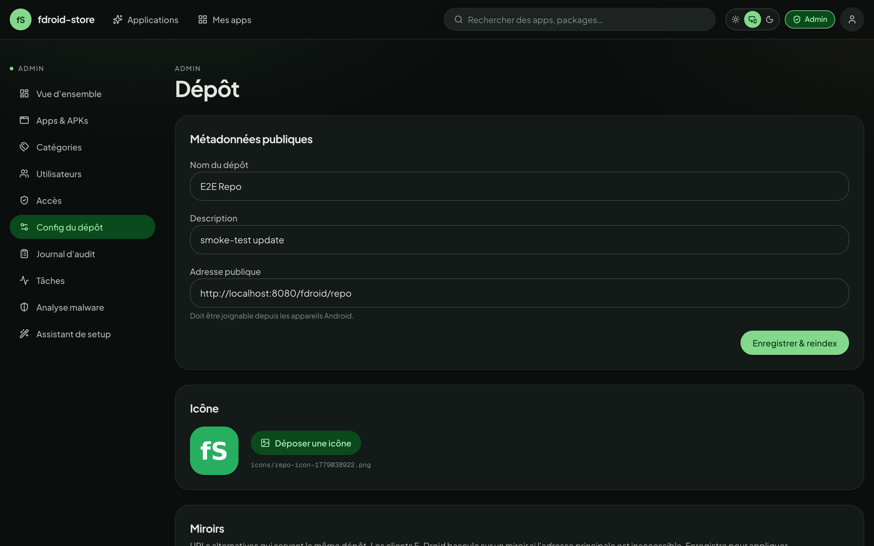 Admin → Repo: public name, description, address, icon. The address is what the F-Droid client subscribes to.
