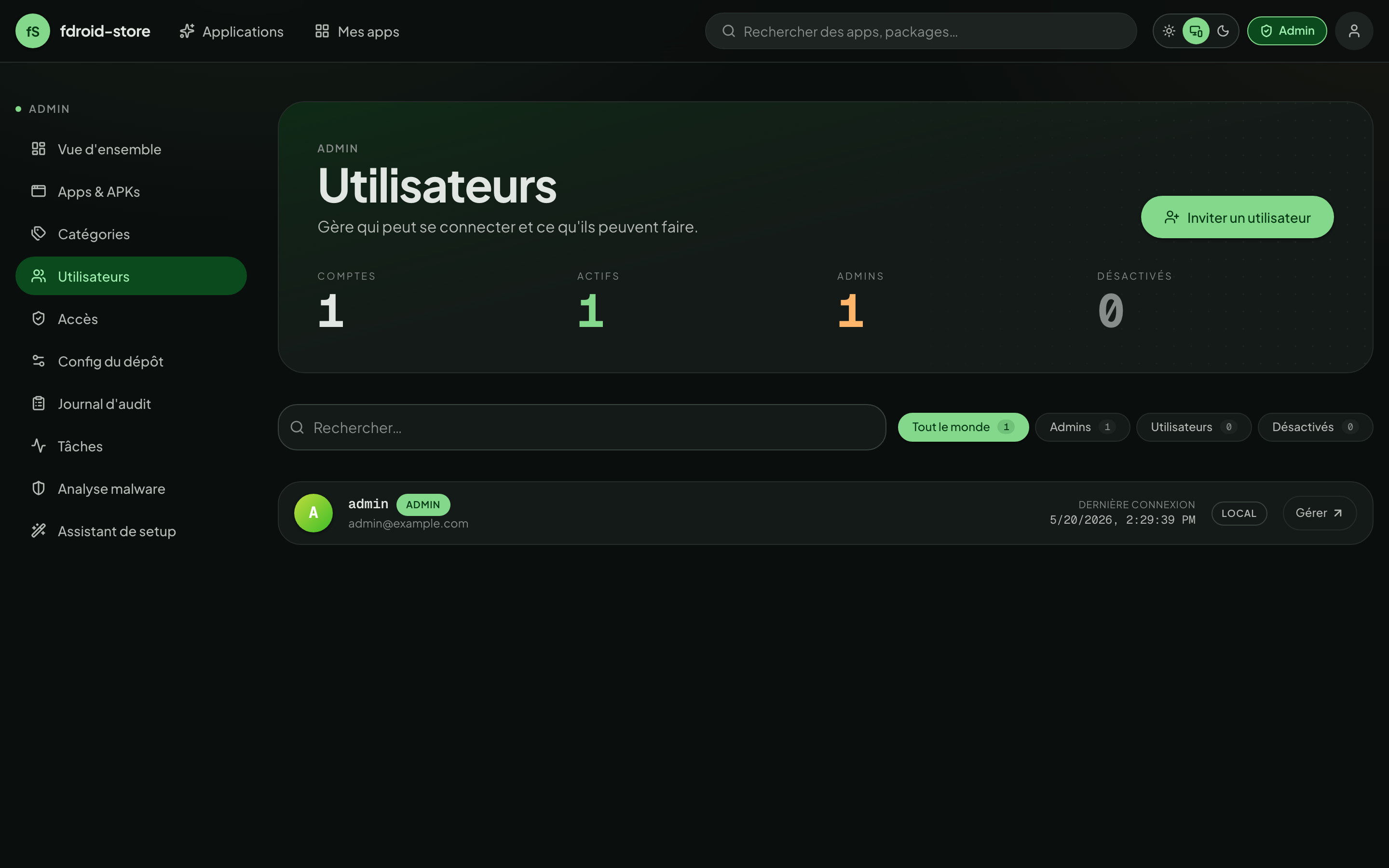 User management at /admin/users — counts, filters, per-row controls