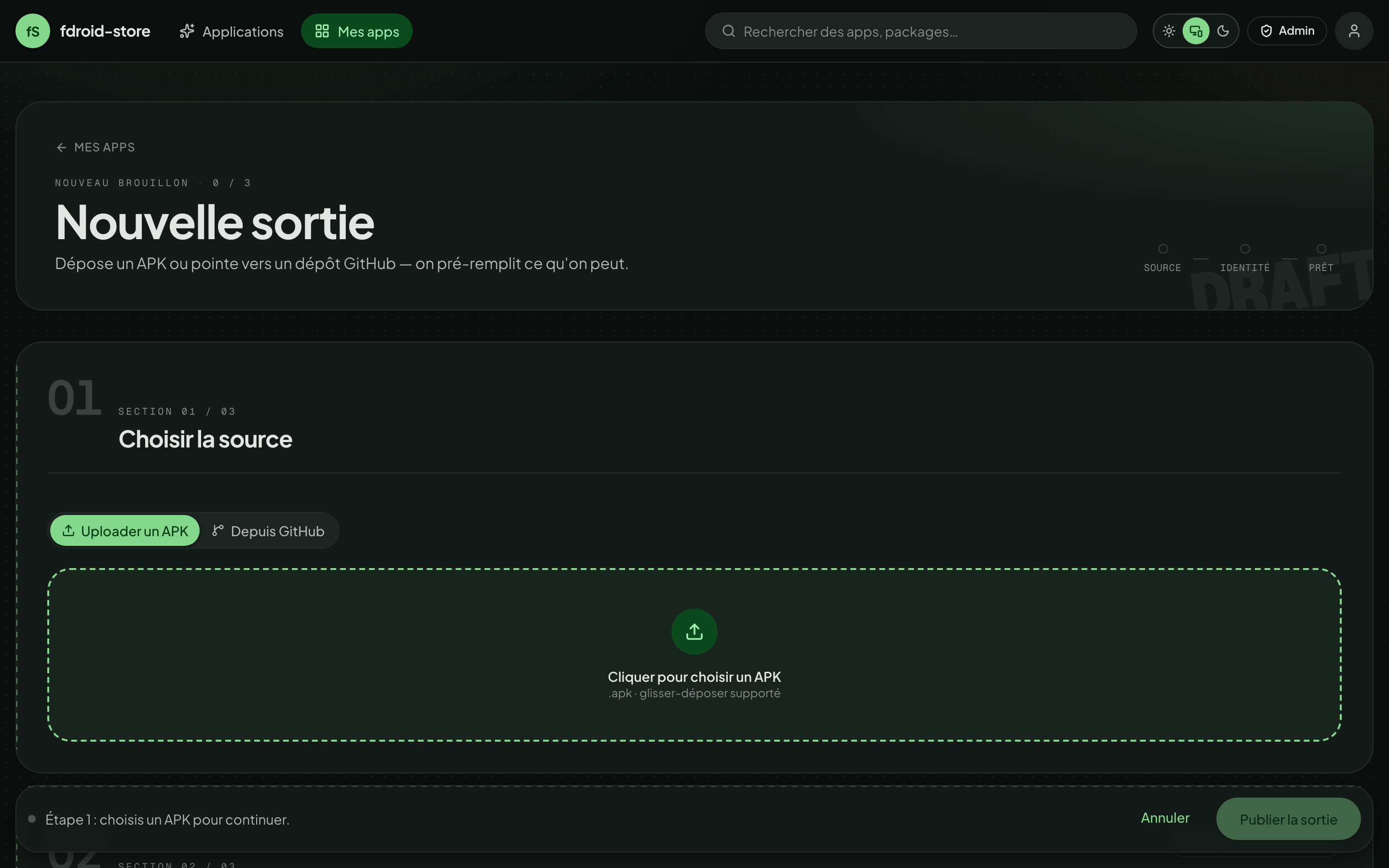 New-app wizard at /my-apps/new — step 1: choose between APK upload, GitHub source, or metadata paste