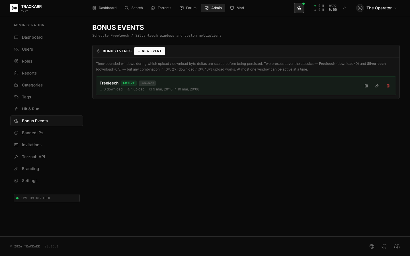 Bonus events admin — active Freeleech window with start / end times and the day's deltas
