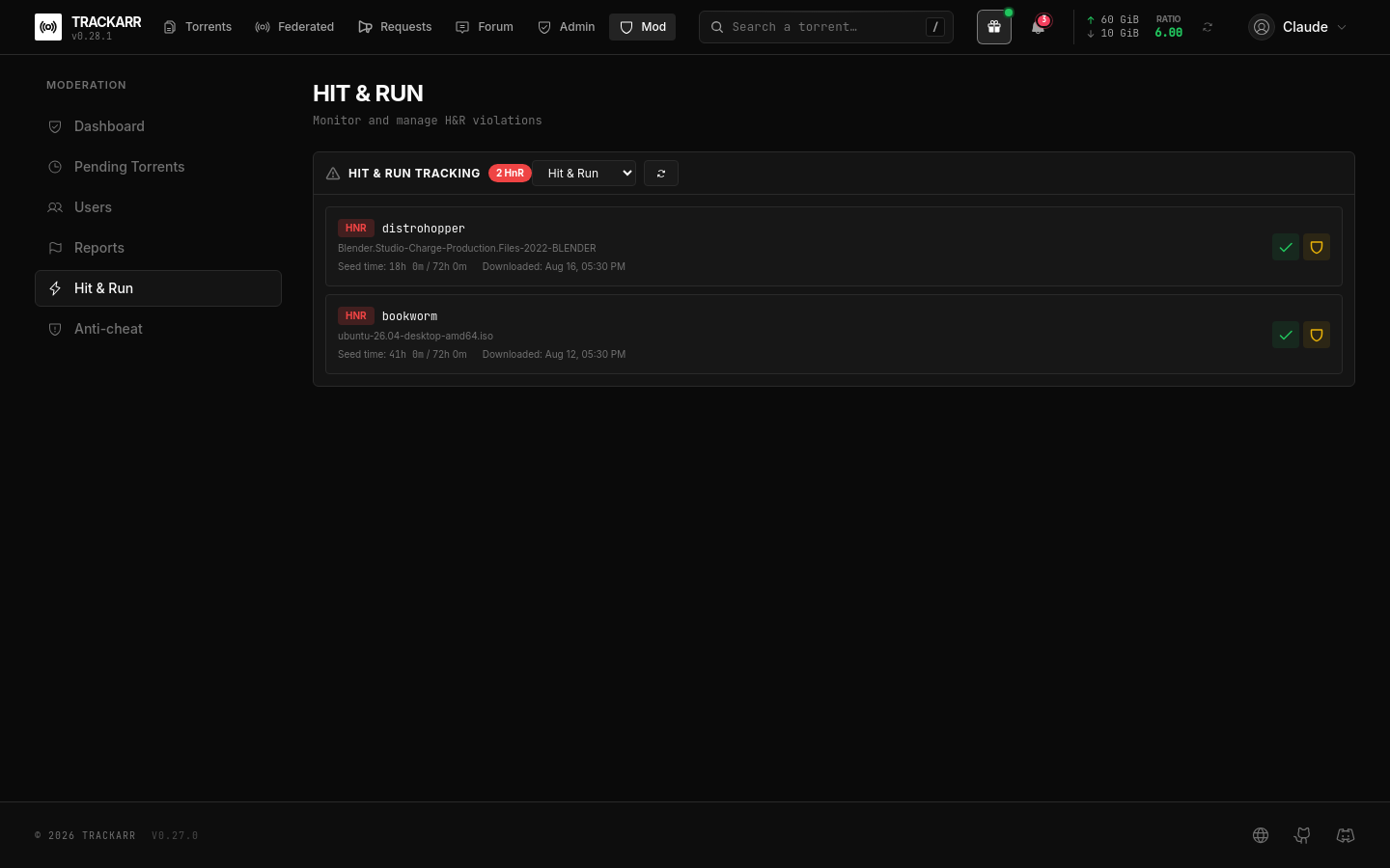 Moderation · Hit & Run — flagged rows with seed time against the requirement, and the per-row clear / exempt actions