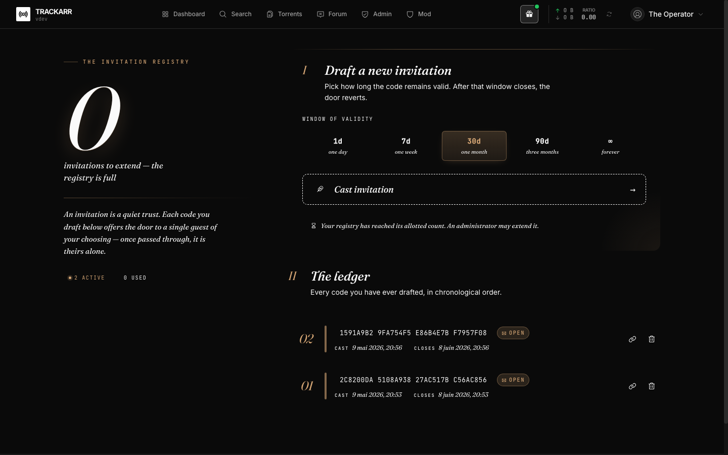 Member invitations page — editorial registry layout with the 30-day window selected