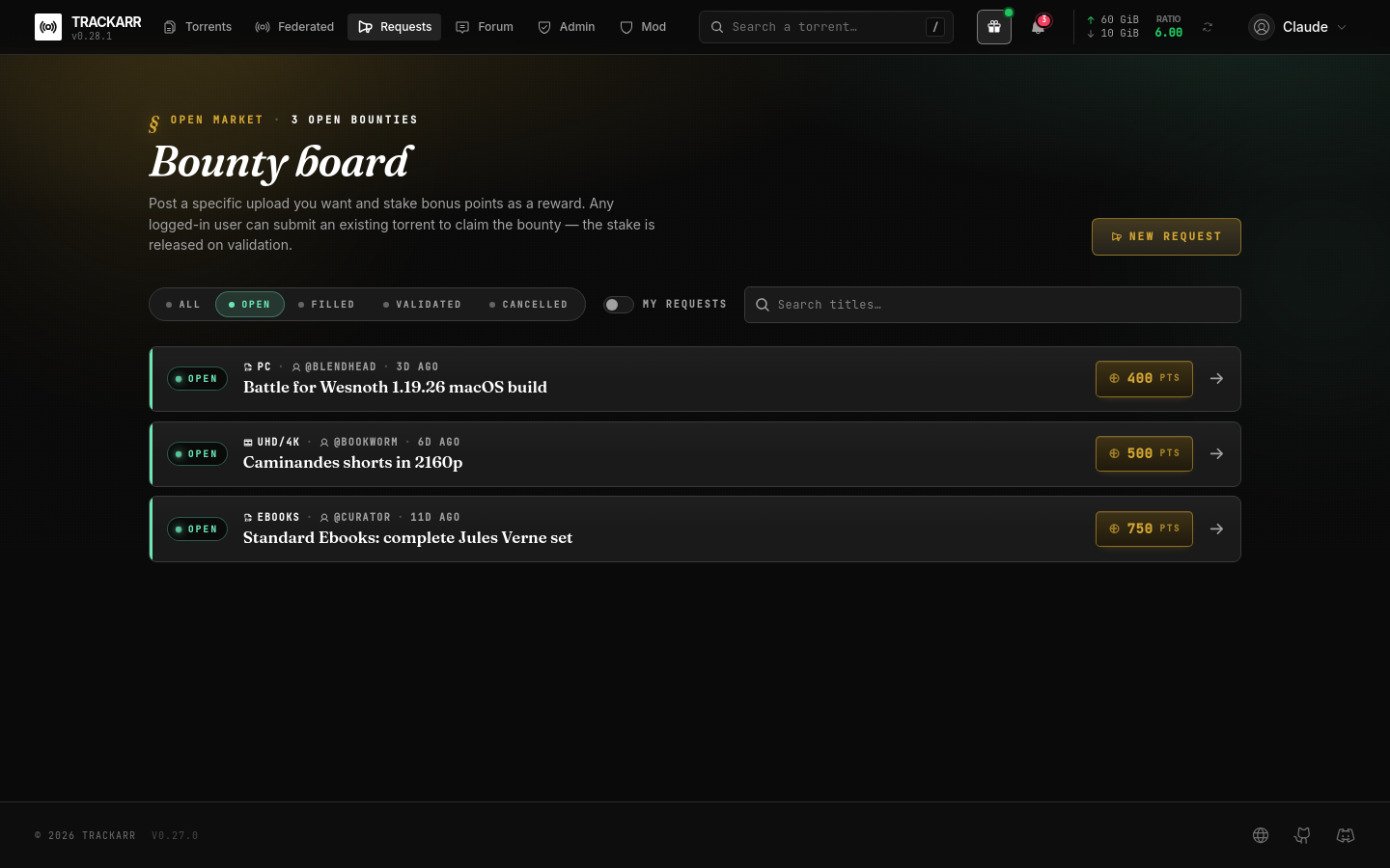 The bounty board — open requests with their category, requester and staked reward