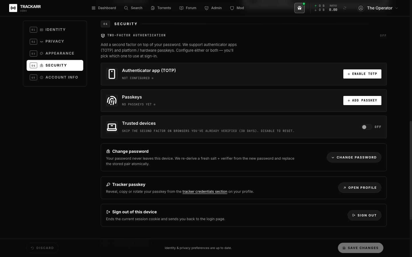 Settings · Security panel with TOTP, passkeys and trusted devices