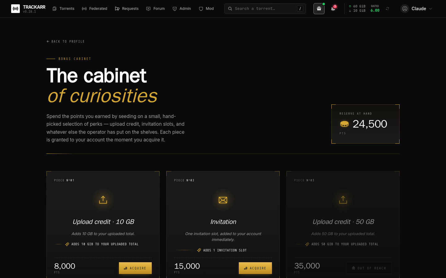 The bonus shop — upload-credit and invitation items priced in points, with the member's reserve on the right