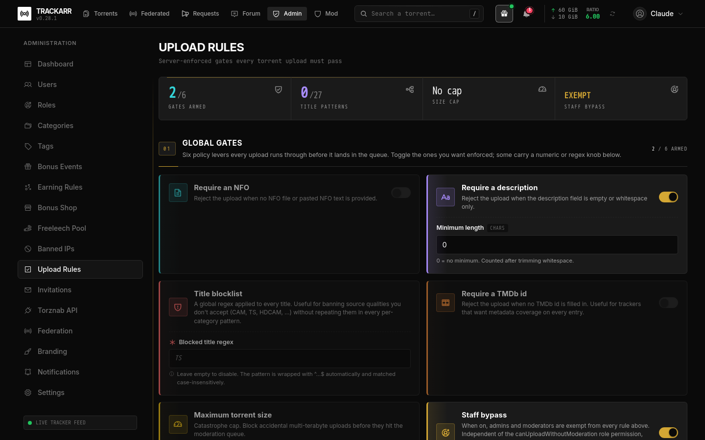 Admin · Upload rules — the six global gates with their numeric and regex knobs